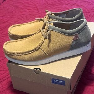Clarks Tan and Gray Slip-On Loafers with Moc-Toe